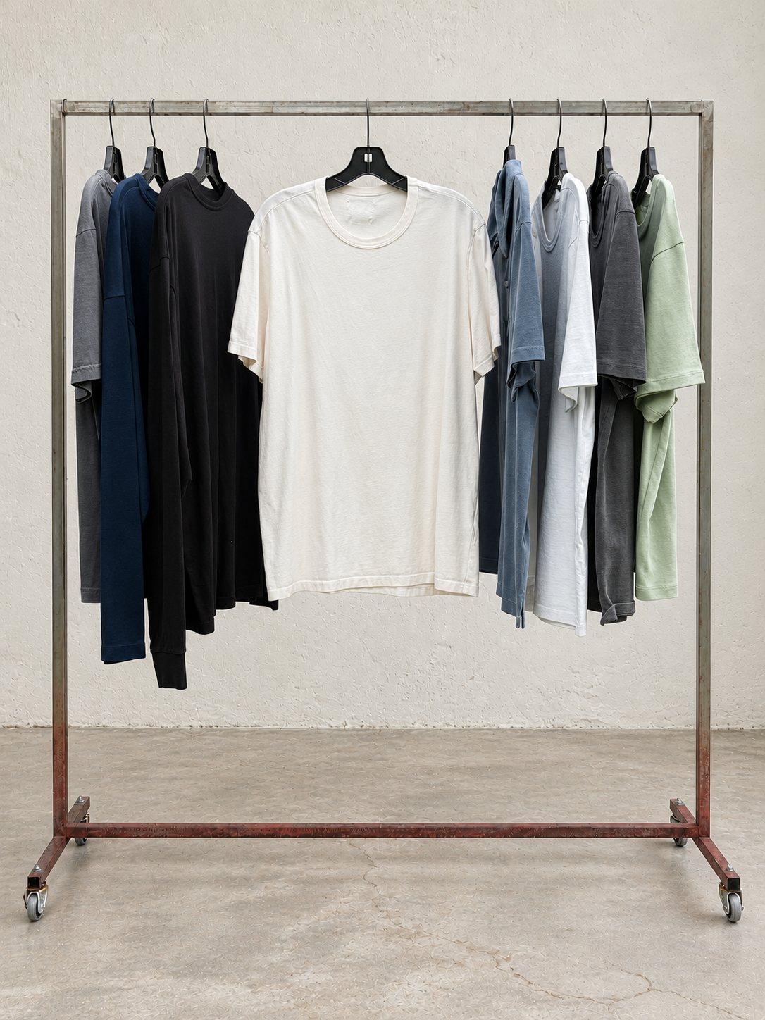 Long-sleeve tops and washed T-shirts in muted colors on a garment rack