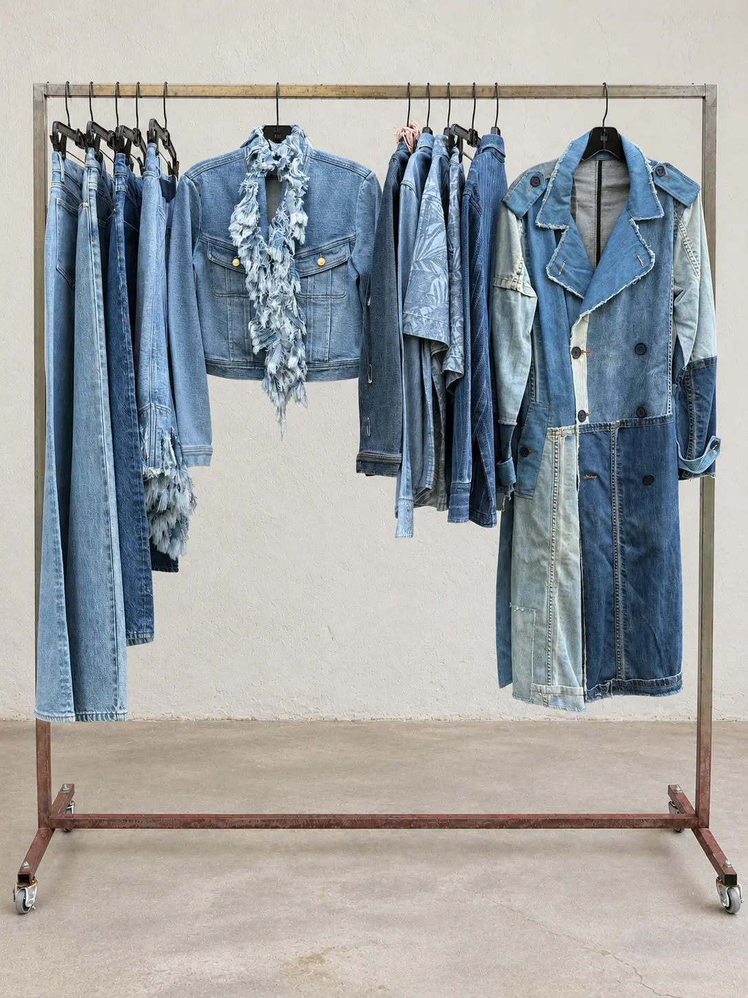 Denim jackets, jeans and a patchwork denim coat on a garment rack