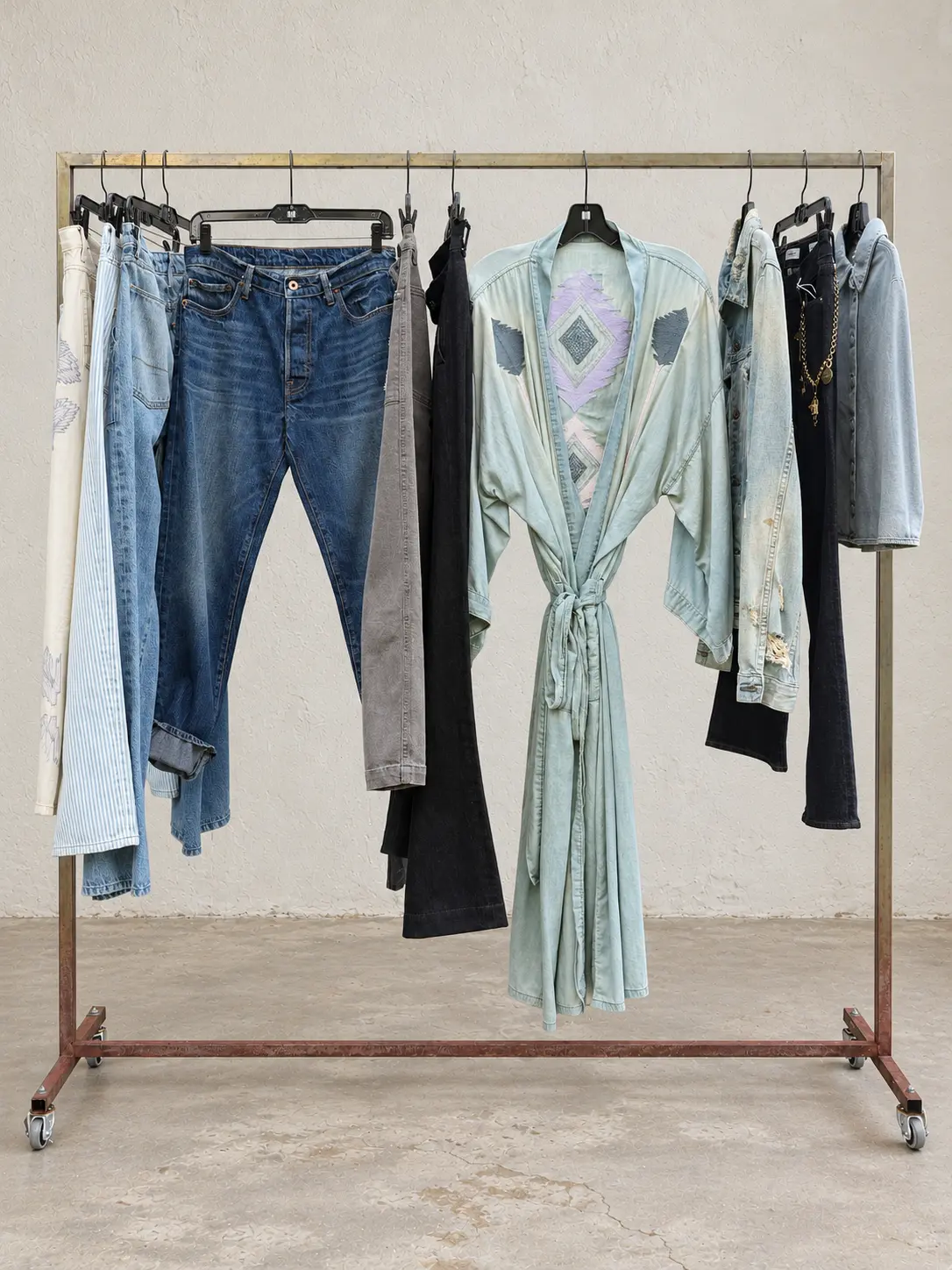 Jeans and a pale green embroidered robe on a garment rack